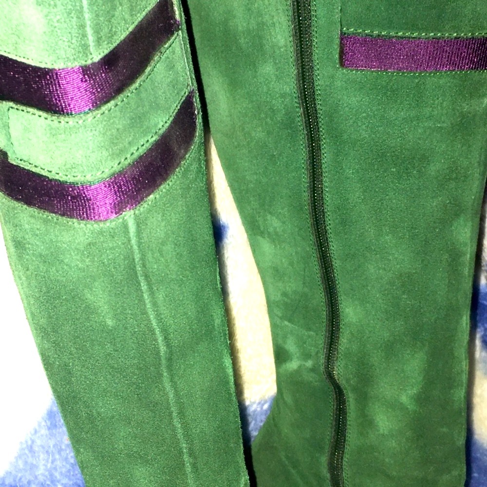 GG DEADSTOCK Gucci Green Suede Purple Ribbon w Horse-bit Boots - Picture 3 of 11
